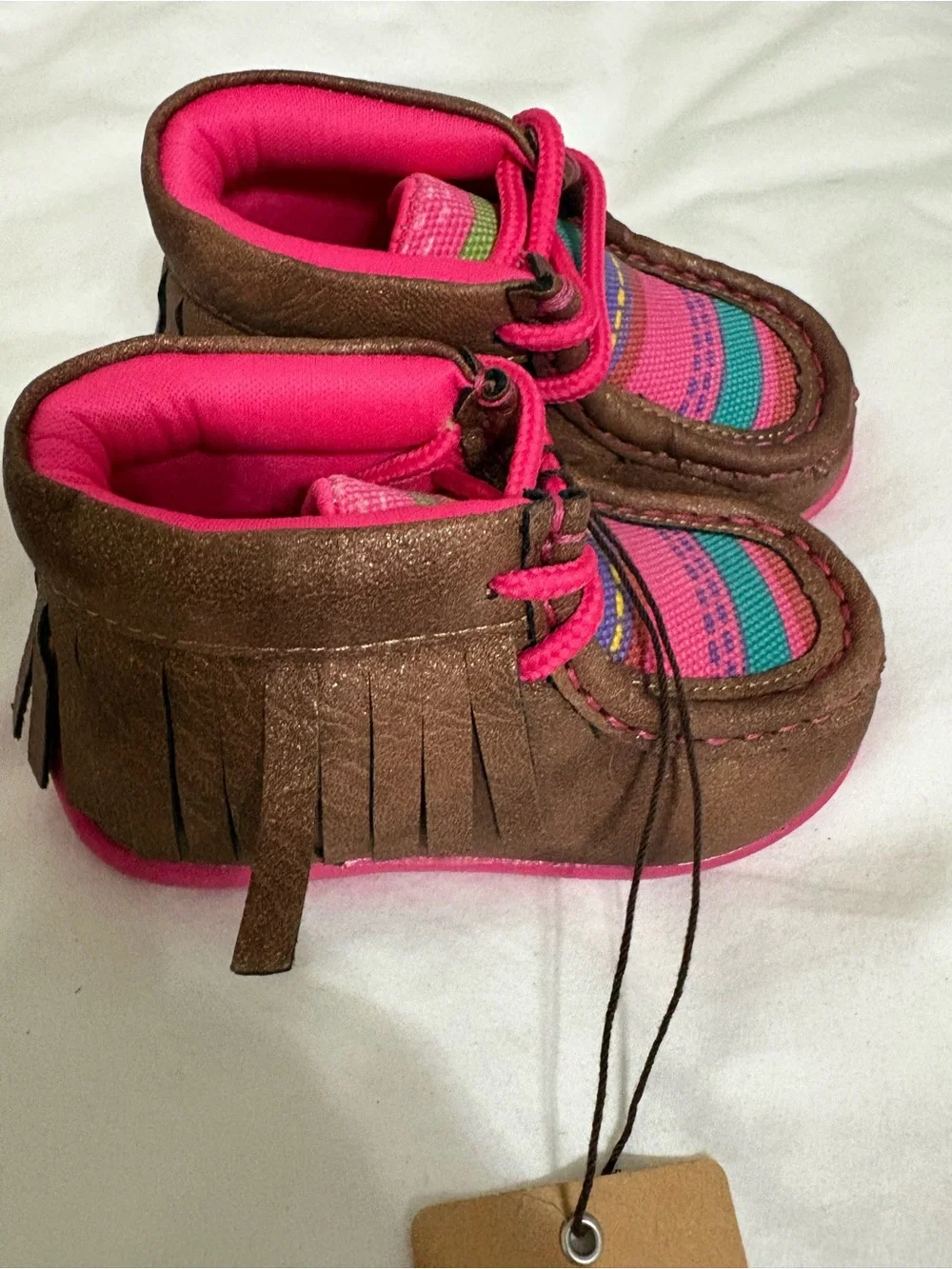 Twister Brown Moccasins with Pink and Teal Accents